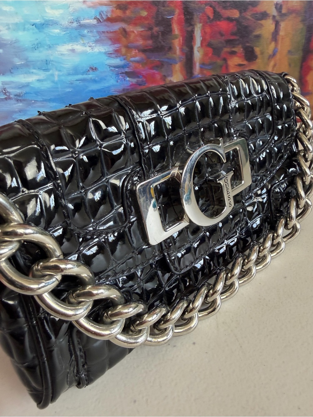 GUESS Y2K Black Patent Croc Chain Shoulder Bag G Logo